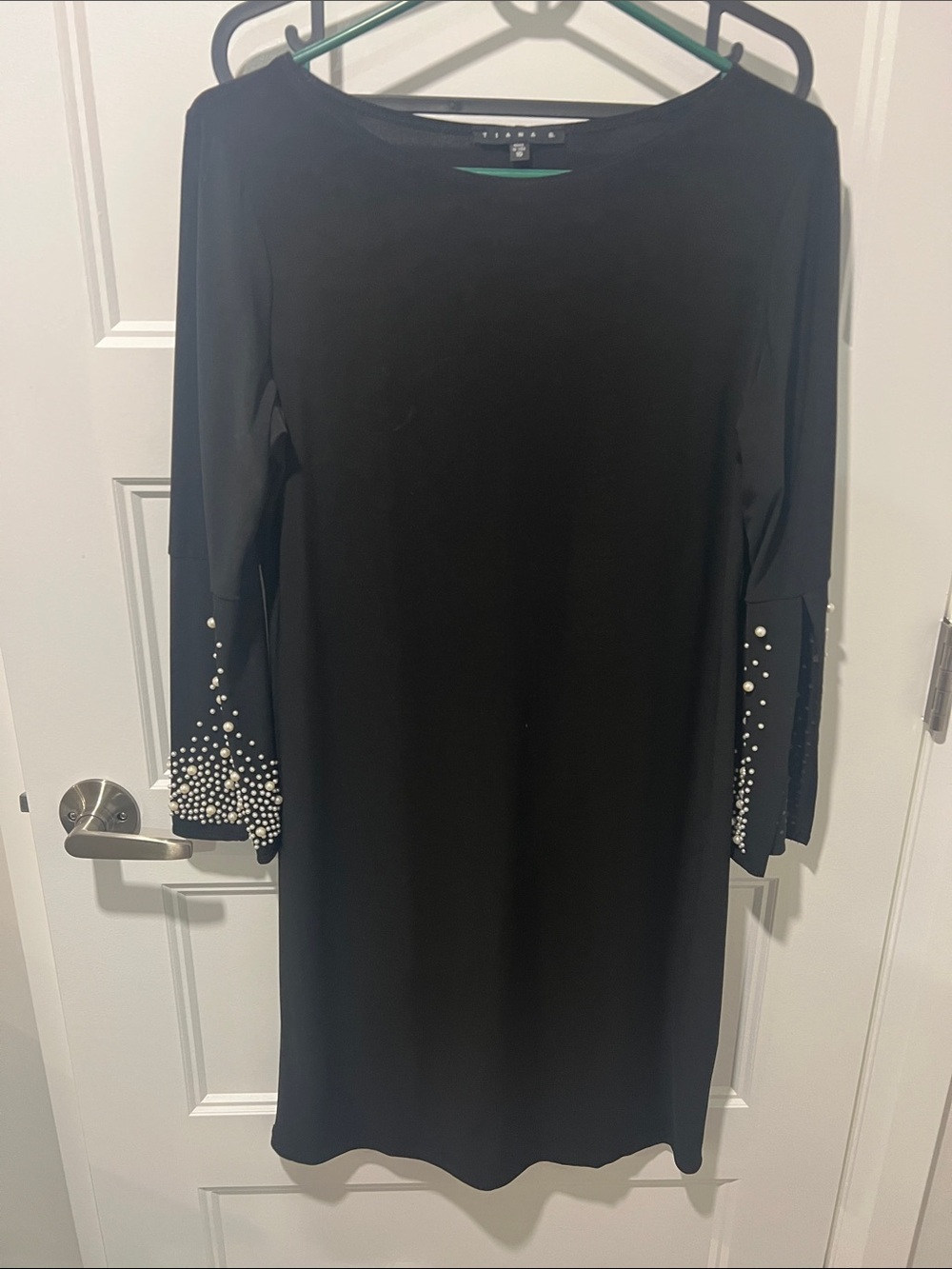 Tiana Black Long-Sleeve Shift Dress with Pearl-Cuff Detail